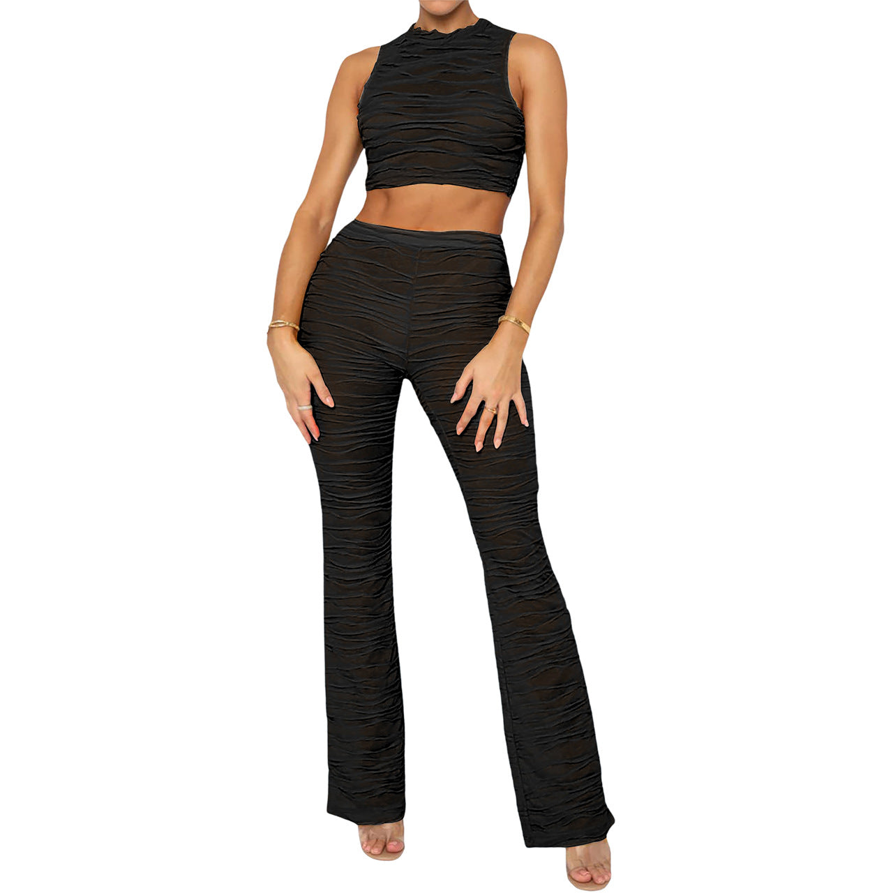 Top Corto + Pantaloni a Righe Trasparenti