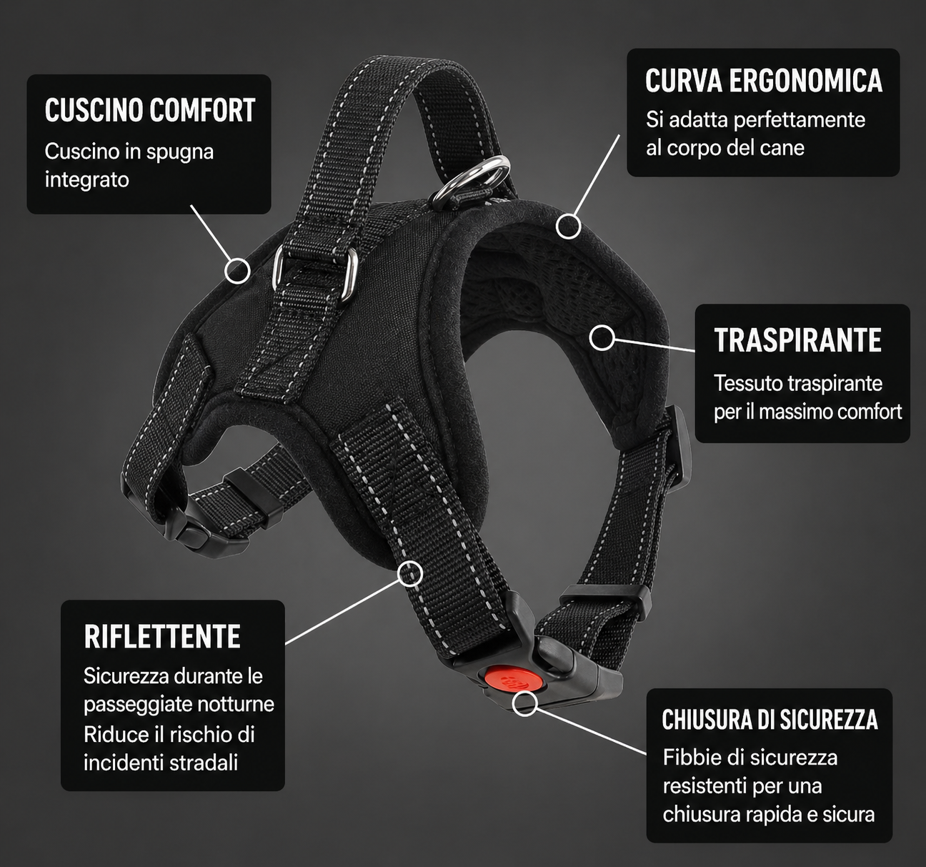 Pettorina imbracatura regolabile per cane nera immagine